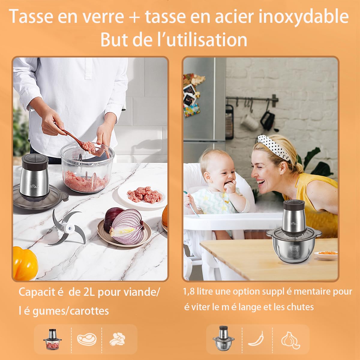 Bear 2L+1.8L Hachoir Électrique En Acier Inox, 600w 2 Vitesses, 4 Lames En Acier Inoxydable