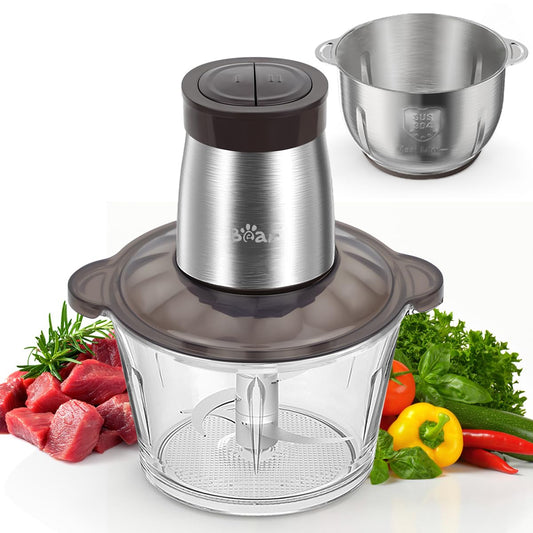 Bear 2L+1.8L Hachoir Électrique En Acier Inox, 600w 2 Vitesses, 4 Lames En Acier Inoxydable